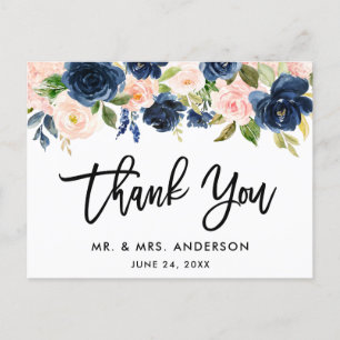 Brush Script Pink Blue Floral Wedding Thank You Postcard