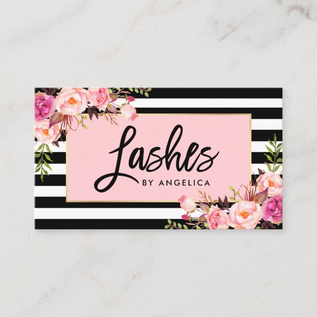 Brush Script Pink Blush Floral Lashes Striped Business Card (Front)