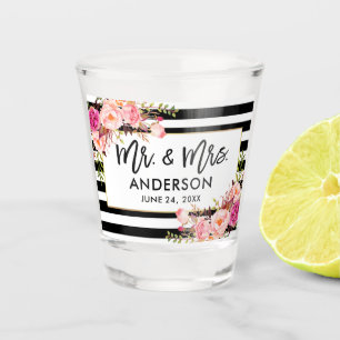 Brush Script Pink Floral Striped Mr. and Mrs. Shot Glass