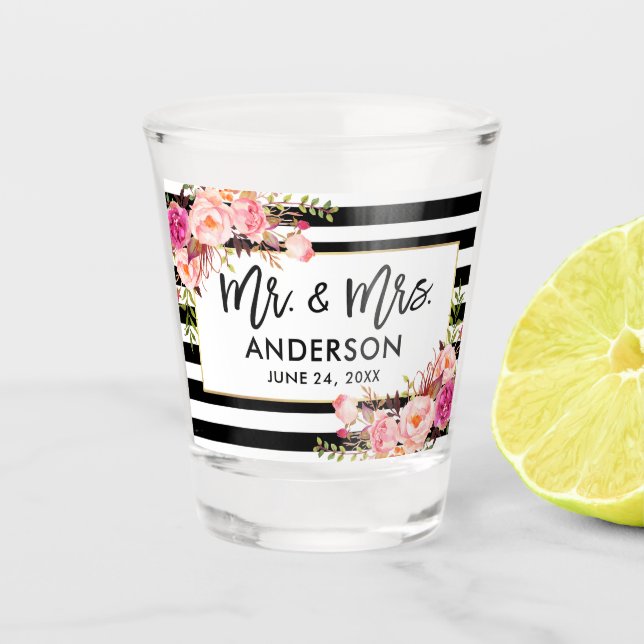 Brush Script Pink Floral Striped Mr. and Mrs. Shot Glass (Front)
