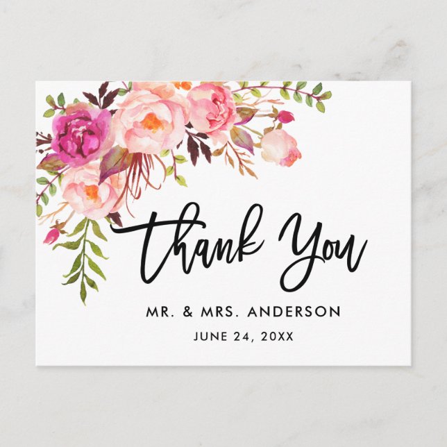 Brush Script Pink Floral Wedding Thank You Postcard (Front)