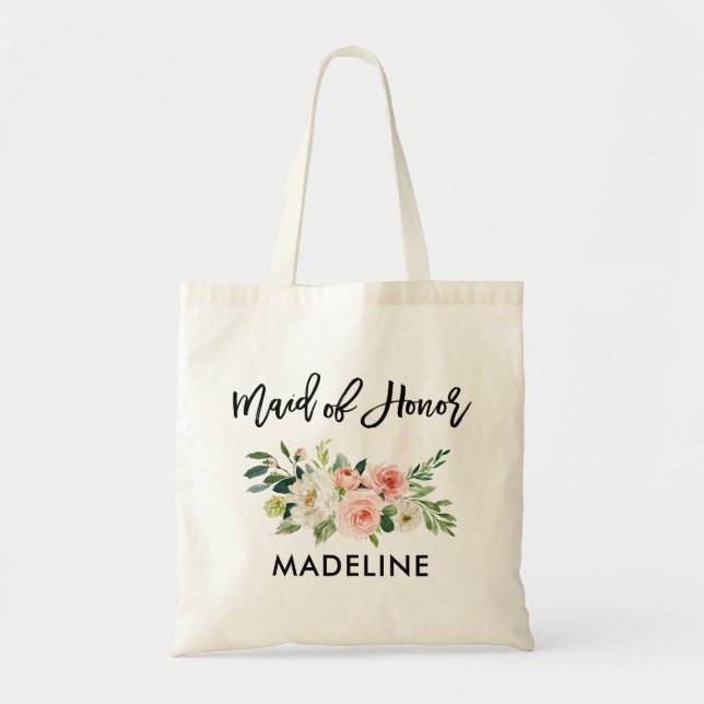 Brush Script Pink White Floral Maid of Honour Tote Bag (Front)