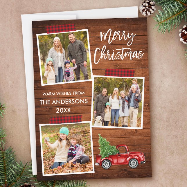 Brush Script Plaid Craft Tape Wood Truck Christmas Holiday Card (Customize to add text or more photos to back of card.)