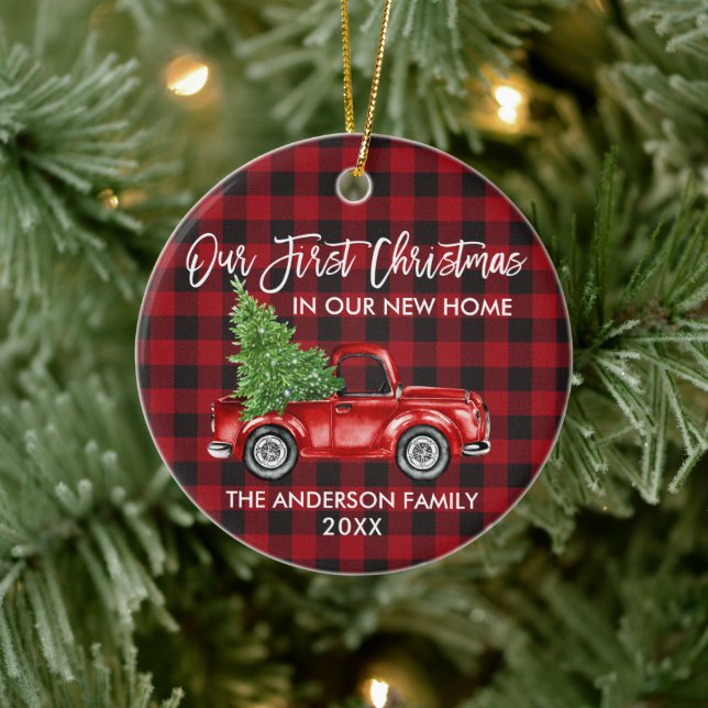 Brush Script Plaid First Christmas New Home Truck Ceramic Tree Decoration (Tree)