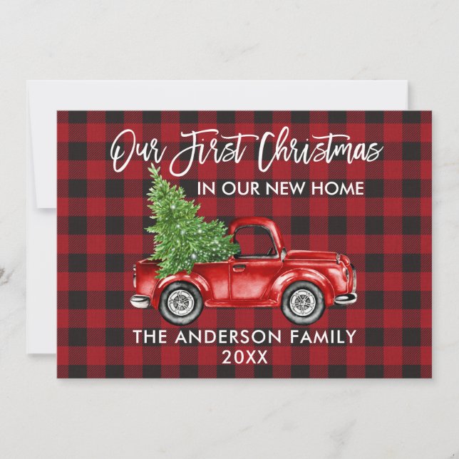 Brush Script Plaid First Christmas New Home Truck Holiday Card (Front)