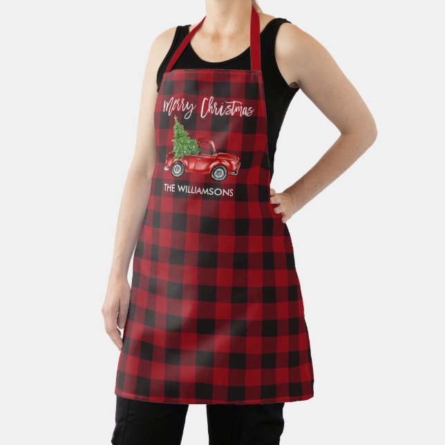 Brush Script Plaid Vintage Truck Christmas Tree Apron (Insitu)