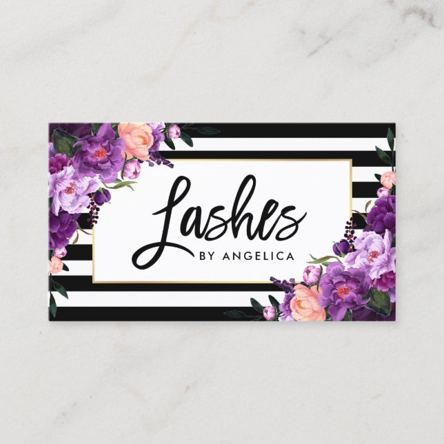 Brush Script Purple Floral Lashes Striped Business Card (Front)
