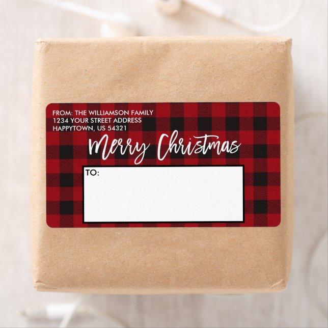 Brush Script Red Buffalo Plaid Christmas Mailing (Insitu)