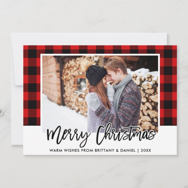 Brush Script Red Plaid Couple Photo Christmas Holiday Card (Front)