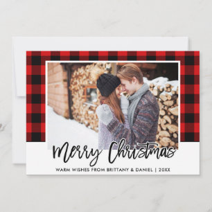 Brush Script Red Plaid Couple Photo Christmas Holiday Card