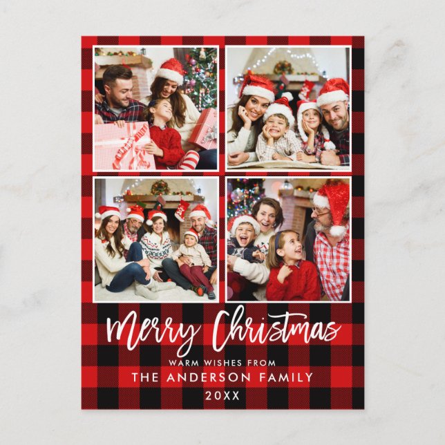 Brush Script Red Plaid Family 4 Photo Christmas Postcard (Front)