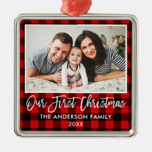 Brush Script Red Plaid Family First Christmas Metal Tree Decoration