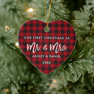 Brush Script Red Plaid First Christmas Mr. Mrs. Ceramic Tree Decoration