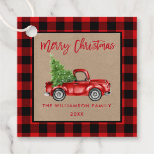 Brush Script Red Plaid Kraft Christmas Truck Favour Tags