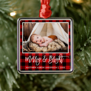 Brush Script Red Plaid Merry and Bright Baby Metal Tree Decoration