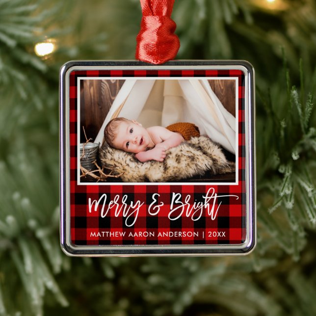 Brush Script Red Plaid Merry and Bright Baby Metal Tree Decoration (Tree)
