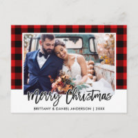 Brush Script Red Plaid Wedding Photo Christmas