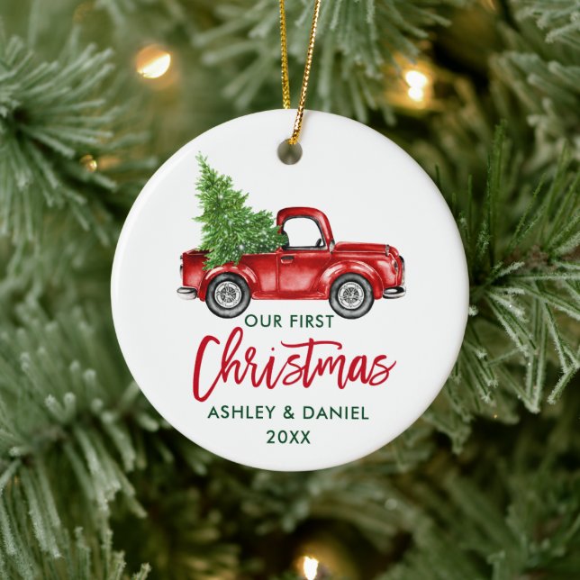 Brush Script Red Truck First Christmas Ceramic Tree Decoration (Tree)