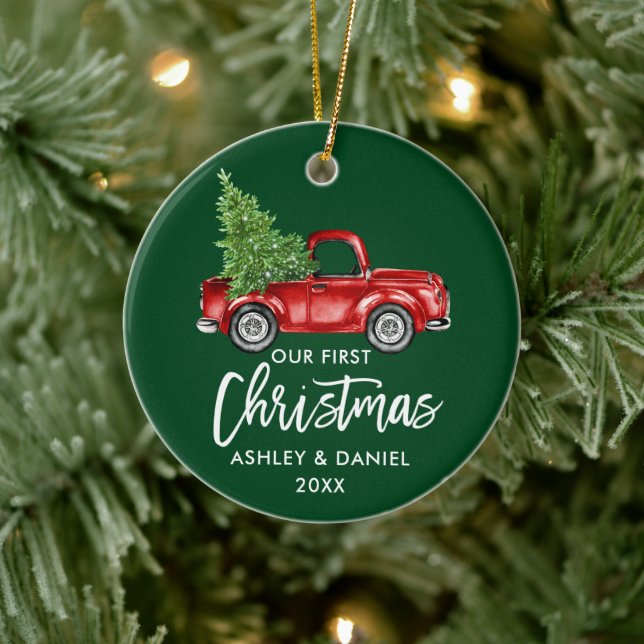Brush Script Red Truck First Christmas Green Ceramic Tree Decoration (Tree)