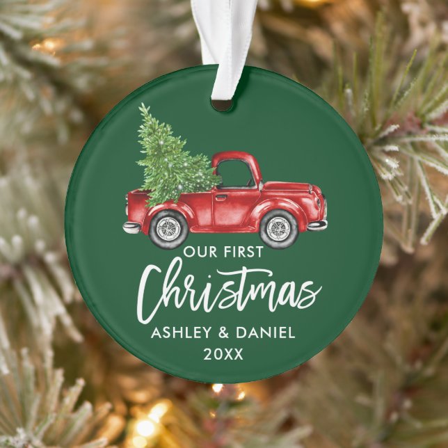 Brush Script Red Truck First Christmas Green Ornament (Tree)