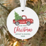 Brush Script Red Truck First Christmas Ornament<br><div class="desc">Modern Red Brush Script First Christmas Watercolor Vintage Red Truck with Christmas Tree Ornament</div>