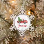 Brush Script Red Truck First Christmas Snowflake Pewter Christmas Ornament<br><div class="desc">Modern Red Brush Script First Christmas Watercolor Vintage Red Truck with Christmas Tree Snowflake Ornament</div>