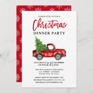 Brush Script Red Truck Snowflakes Christmas Party Invitation