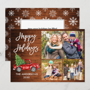 Brush Script Red Truck Wood Snowflakes 3 Photo Holiday Card