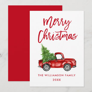 Brush Script Red Vintage Truck Christmas Card