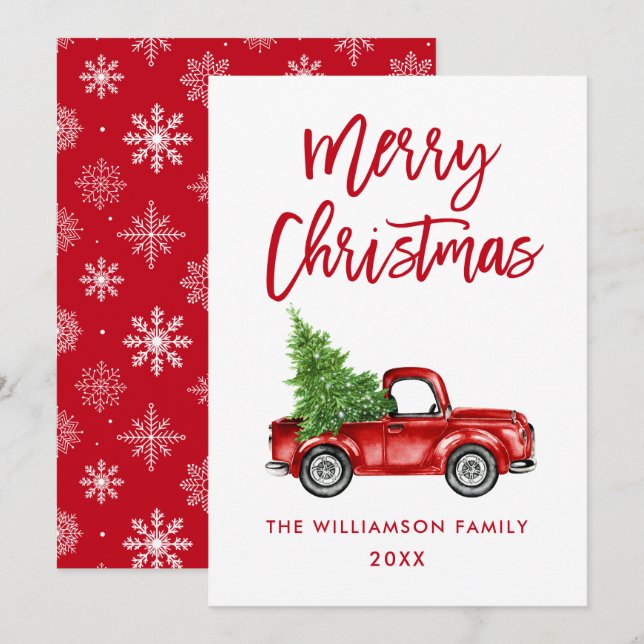 Brush Script Red Vintage Truck Christmas Card SB (Front/Back)