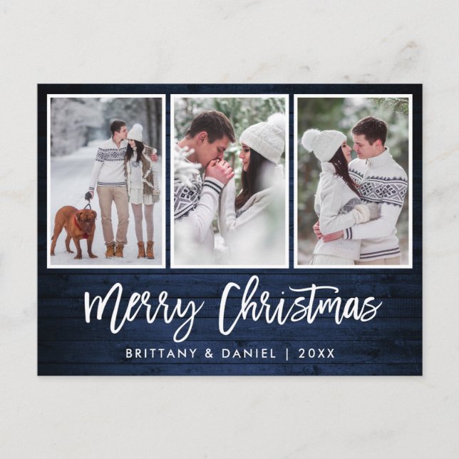 Brush Script Rustic Blue Wood Christmas 3 Photo Postcard (Front)