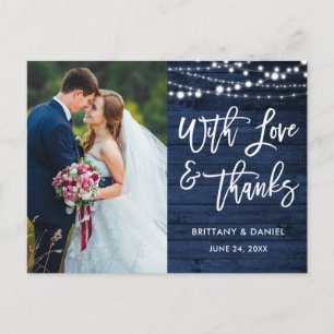 Brush Script Rustic Blue Wood Love Thanks Wedding Postcard