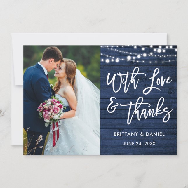 Brush Script Rustic Blue Wood Love Thanks Wedding Thank You Card (Front)