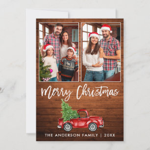Brush Script Rustic Wood 2 Photo Christmas Truck Holiday Card