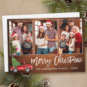 Brush Script Rustic Wood 3 Photo Christmas Truck Holiday Card