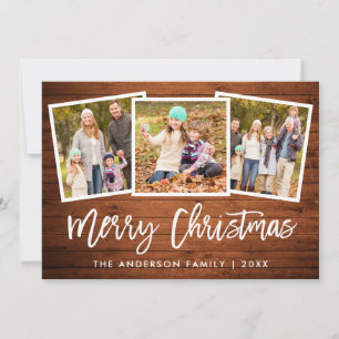 Brush Script Rustic Wood 3 Photo Family Christmas Holiday Card