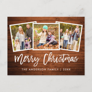 Brush Script Rustic Wood 3 Photo Family Christmas Postcard