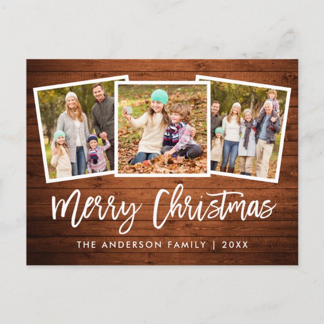 Brush Script Rustic Wood 3 Photo Family Christmas Postcard (Front)