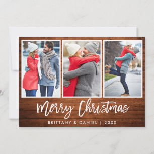 Brush Script Rustic Wood Christmas 3 Photo Holiday Card