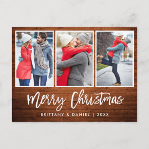 Brush Script Rustic Wood Christmas 3 Photo Postcard