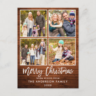 Brush Script Rustic Wood Family 4 Photo Christmas Postcard