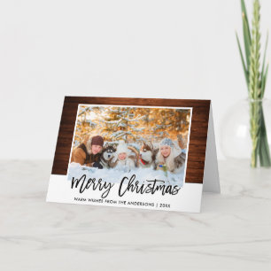 Brush Script Rustic Wood Family Photo Christmas Holiday Card