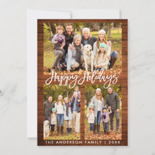 Brush Script Rustic Wood Happy Holidays Photo Holiday Card