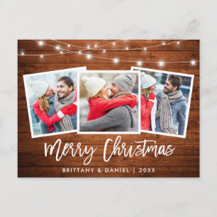 Brush Script Rustic Wood Lights Christmas 3 Photo Postcard