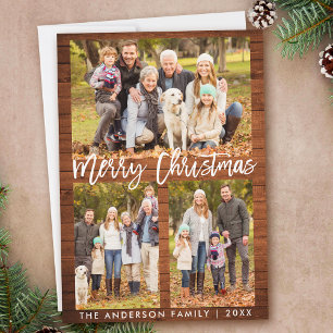 Brush Script Rustic Wood Merry Christmas Photo Holiday Card