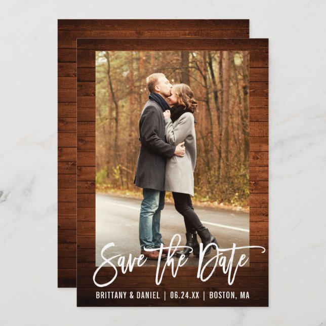 Brush Script Rustic Wood Photo Save The Date Card (Front/Back)