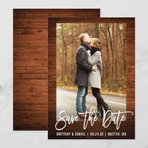 Brush Script Rustic Wood Photo Save The Date Card