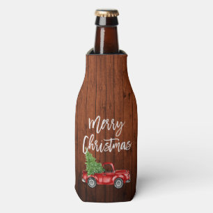 Brush Script Rustic Wood Red Truck Christmas Bottle Cooler