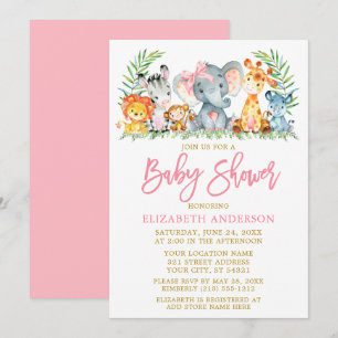 Brush Script Safari Animals Pink Bow Baby Shower Invitation