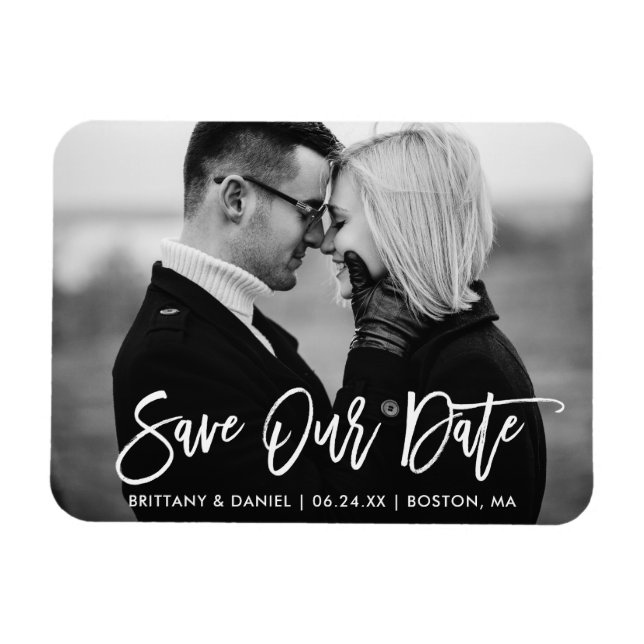 Brush Script Save Our Date Black and White Magnet (Horizontal)